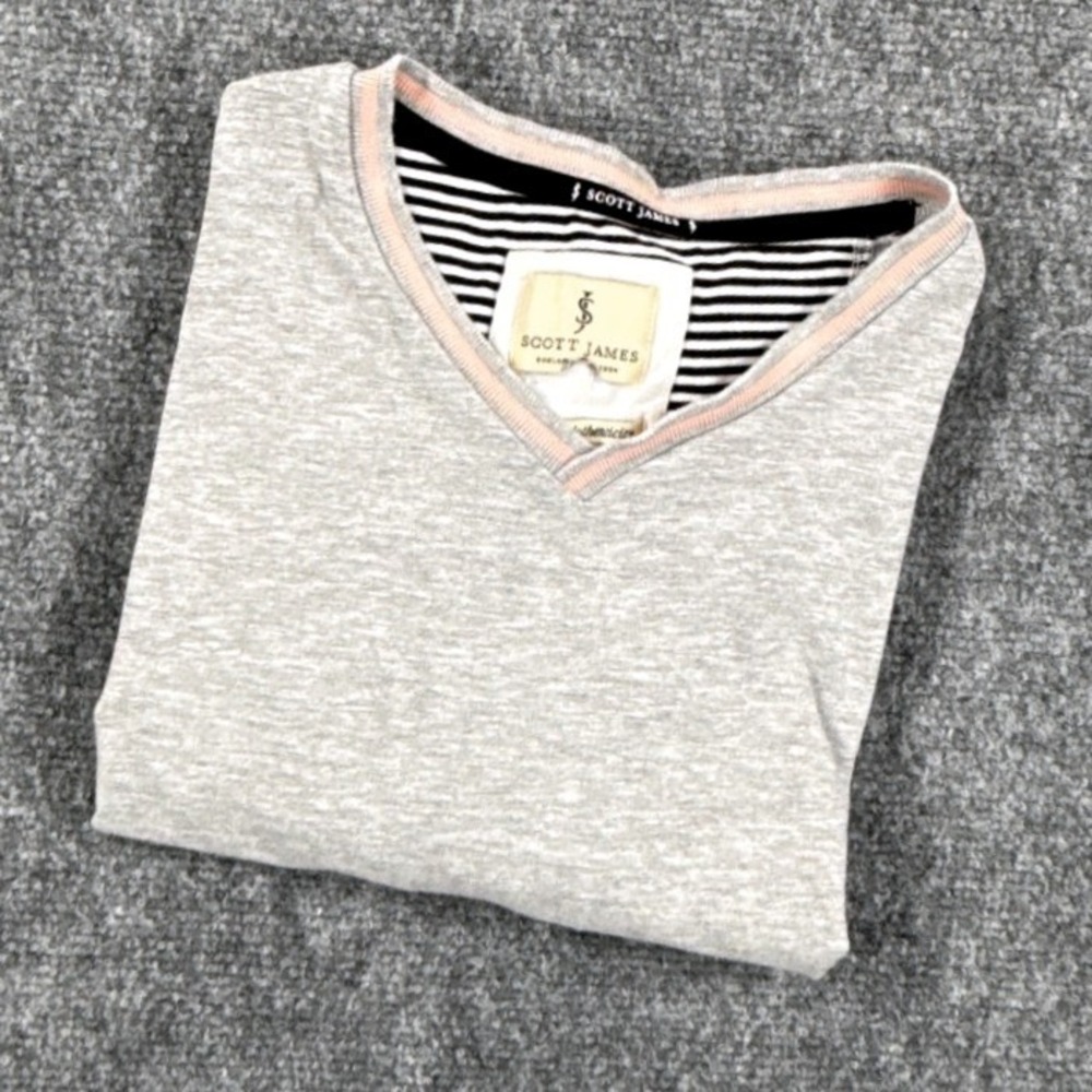 Scott James Mens Gray Pink Trim V-Neck T-Shirt Size Medium Cotton Blend